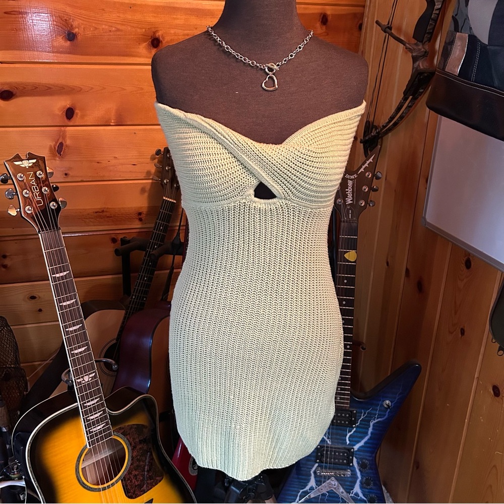 Edikted Brie Cut Out Crochet Mini Dress Neon Green Sz L NWT